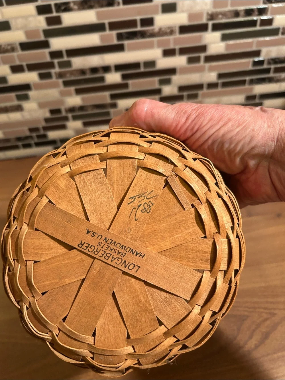 Vintage Round Longaberger Rustic Brown Woven Wood Basket with Handles